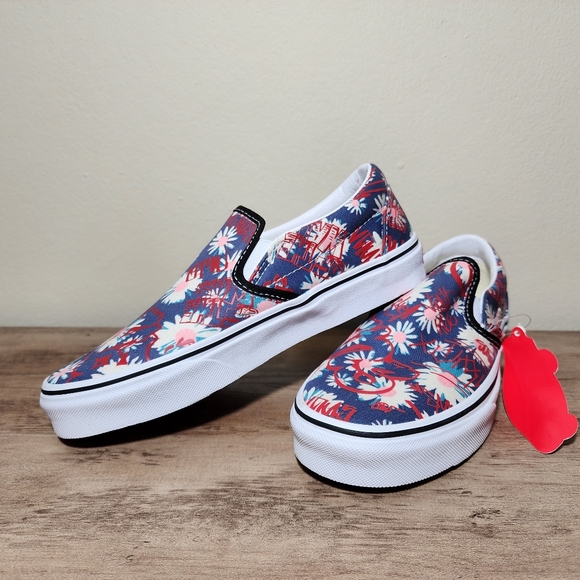 Vans Shoes - Vans Floral Classic Slip On Blue Red Sneakers Womens Shoes Size 7